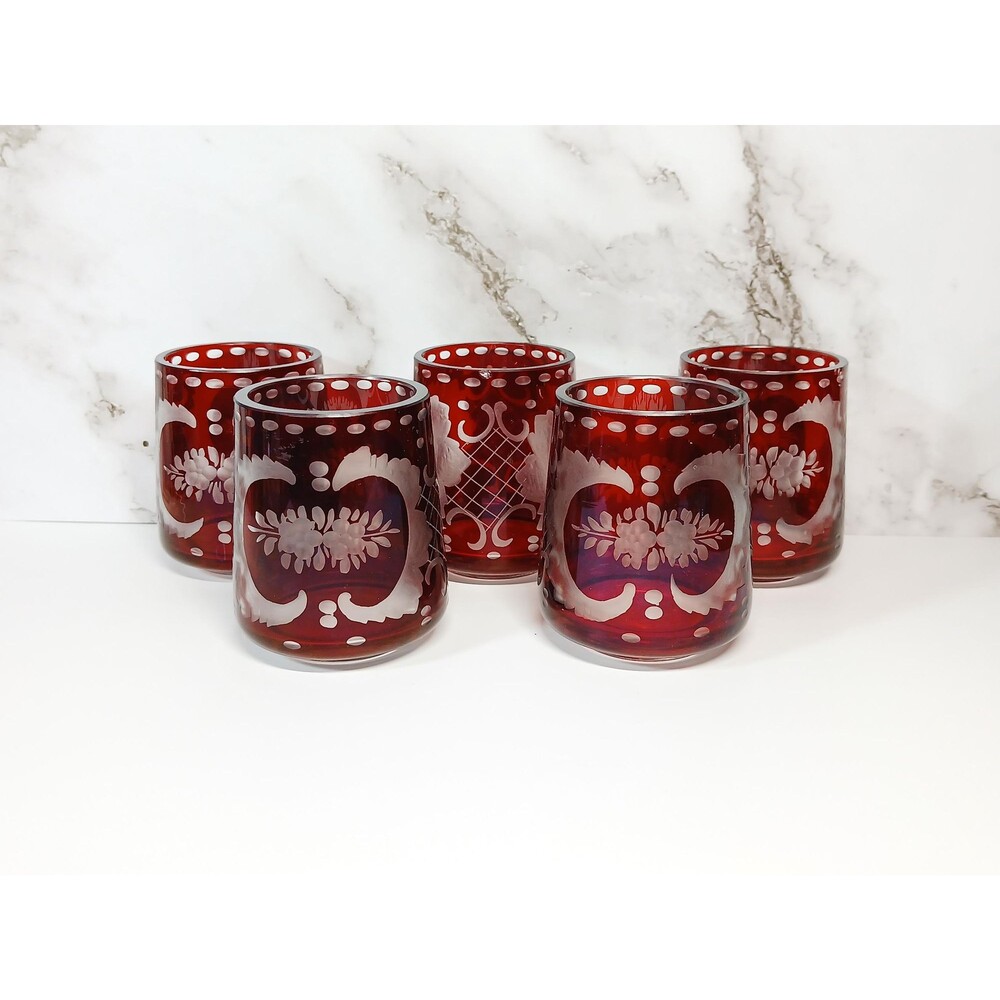 Antique Bohemian Ruby Glass Tumblers Set of 5 Enamel Overlay 2.75 Inch